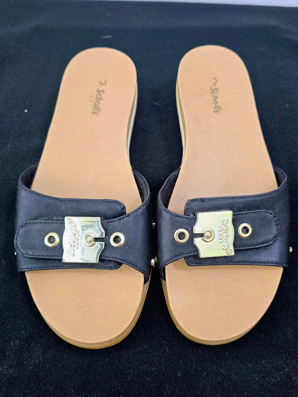 Dr. Scholl's Black Slide Sandals with Gold Buckle Detail